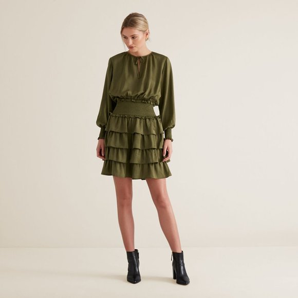 SEED HERITAGE Khaki Green Tiered Frill Long Sleeve Mini Dress - Picture 6 of 13